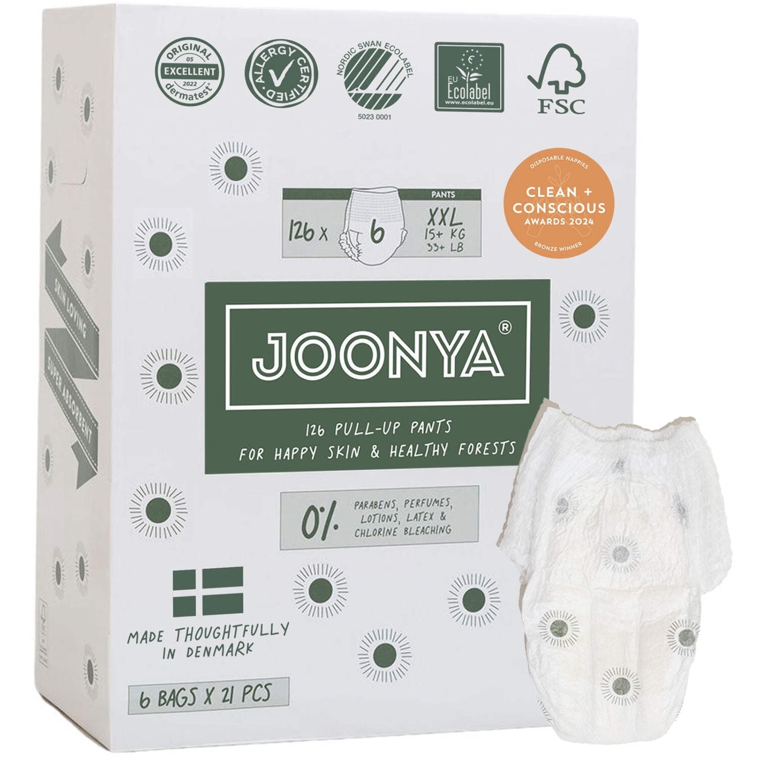 Joonya Pull-Up Pants Baby Diapers, Size 6 XXL (33+ lb) - 6 Bags of 21 (126) - NonToxic, Eco-Friendly, Ultra Slim, Overnight Use - Made in Denmark