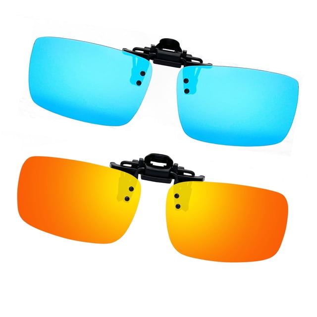 Joopin 2 Pairs Polarized Clip-On Sunglasses Rimless Flip Up Anti-Glare Driving Glasses(blue+red)