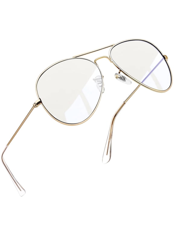 Blue Light Blocking Glasses for Women Men, Fashion Aviation Eyeglasses Frames UV Ray Filter Computer Gaming Glasses (Gold Frame/Transparent Lens)