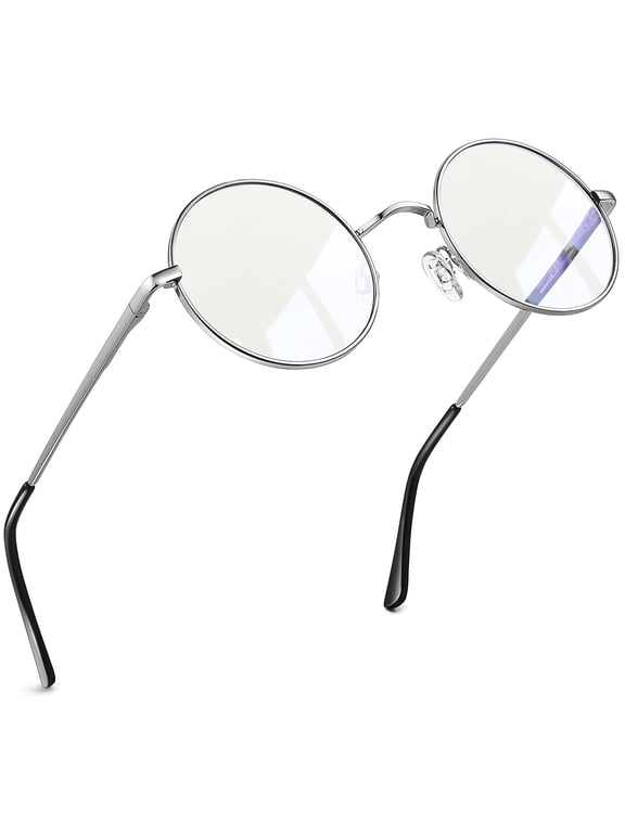 Blue Light Blocking Glasses Women/Men, Fashion Round Eyeglasses Frames UV Ray Filter Computer Gaming Glasses (Silver Frame/Transparent Lens)