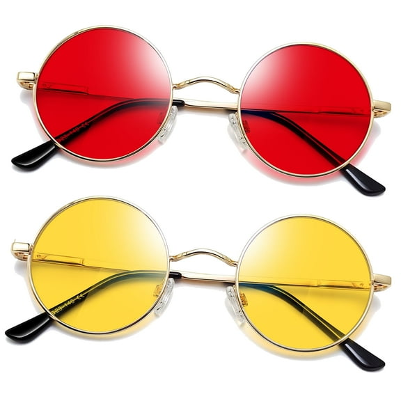 Joopin Hippie Round Sunglasses for Women Men Circle Night Vision Glasses for Driving UV400 Protection(Red Yellow)