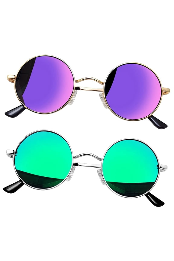 Hippie Round Sunglasses for Women Men Circle Sun Glasses UV400 Protection(Mirrored Green+Mirrored Purple)