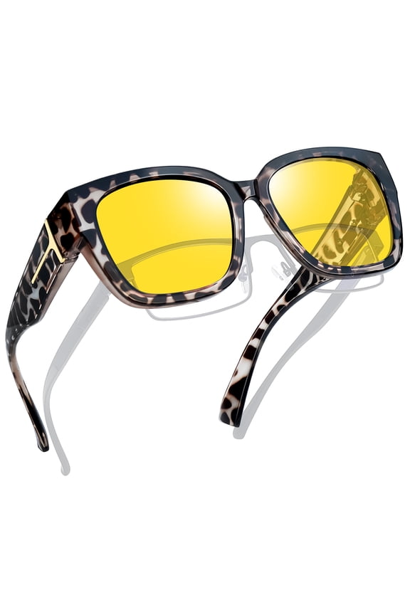 Night Vision Glasses Fit Over Glasses for Men Women, Night Vision Glasses for Driving UV400 Protection(Grey Leopard）