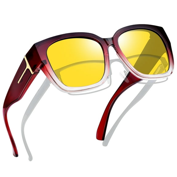 Joopin Night Vision Glasses Fit Over Glasses for Men Women, Night Vision Glasses for Driving UV400 Protection(Transparent Red）