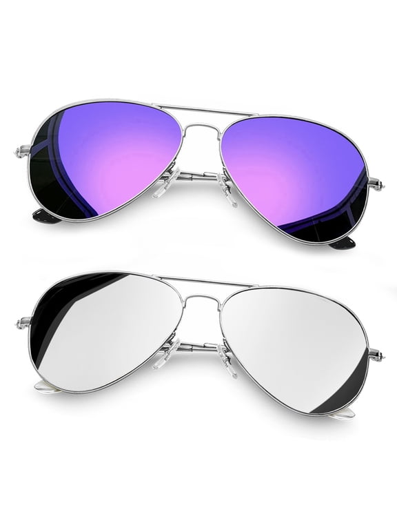 Polarized Aviation Sunglasses for Men Women Classic Mirrored Lens UV Protection Sun Glasses-2 Pairs(purple+silver)
