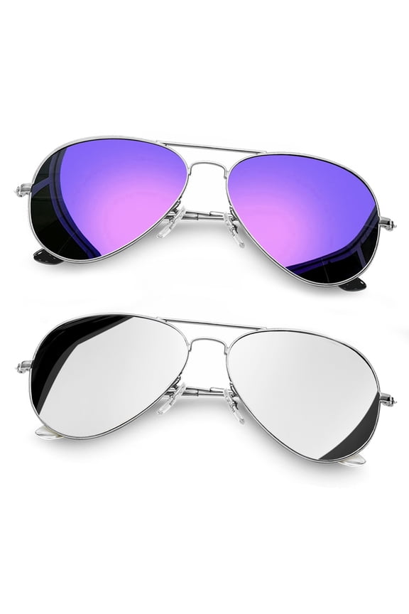 Polarized Aviation Sunglasses for Men Women Classic Mirrored Lens UV Protection Sun Glasses-2 Pairs(purple+silver)