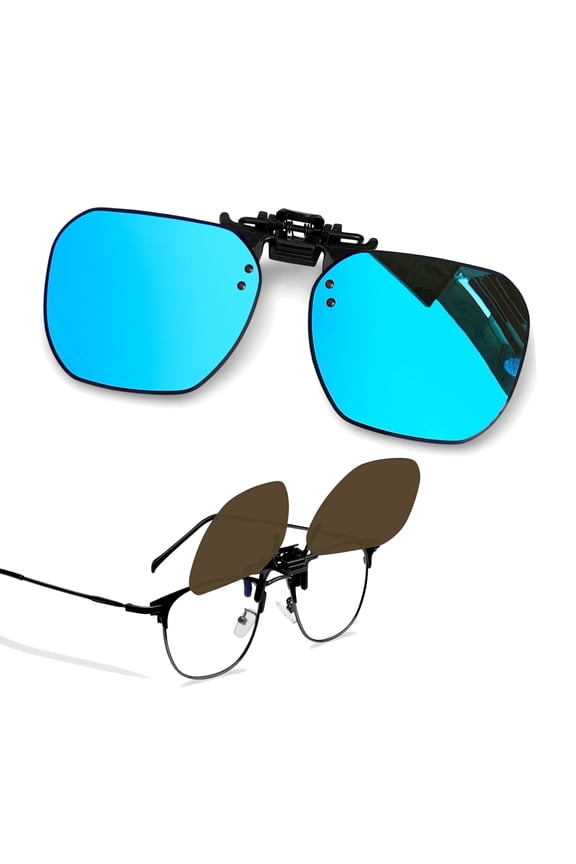 Polarized Clip On Sunglasses Flip Up UV400 Protection Anti Glare Lens Wear Over Prescription Glasses(Mirrored Blue)