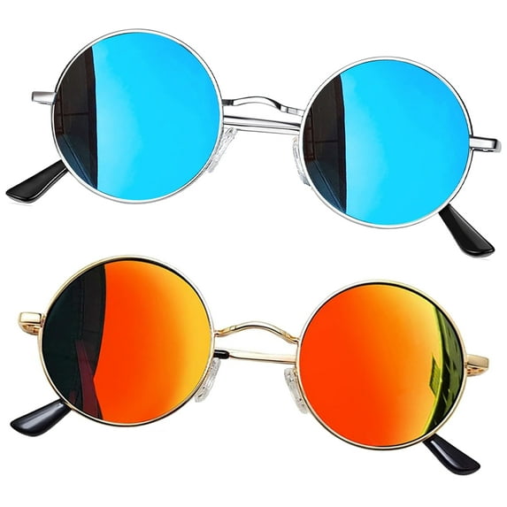 Joopin Polarized Retro Round Sunglasses for Men Women Trendy Circle Sun Glasses UV400 Protection Metal Shades(Blue+Red)