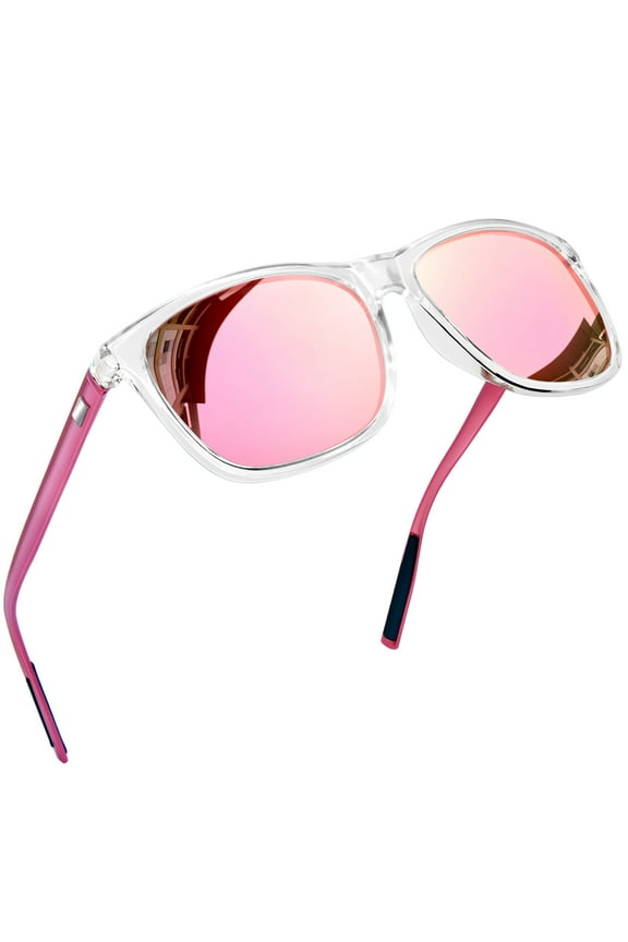 Polarized Sunglasses for Women Men Vintage Retro Classic Square Frame Aluminum Legs (Transparent/Pink)