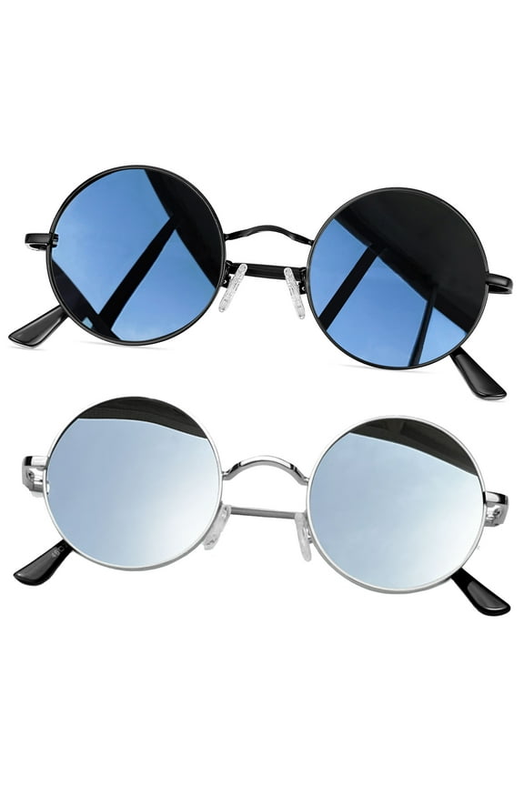 Retro Round Polarized Sunglasses for Men Women Trendy Circle Sun Glasses UV400 Protection Metal Shades(Black+Silver)