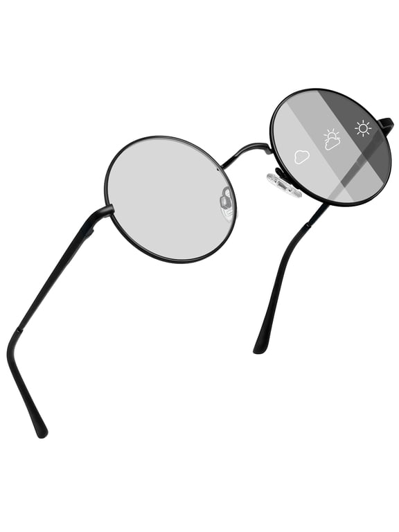 Round Metal Photochromic Sunglasses for Men Women, UV400 Non Polarized Retro Circle Sun Glasses with Elastic Spring Temple Arms for Driving Outdoor