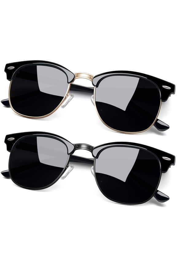 Vintage Semi Rimless Sunglasses Half Frame Sun Glasses Polarized UV Protection Shades for Women Men(Black+Gold)