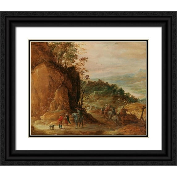 Joos de Momper 18x15 Black Ornate Wood Framed Double Matted Museum Art Print Titled - A Rocky Landscape with Horsemen