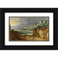 thumbnail image 1 of Joos de Momper 24x16 Black Ornate Framed Double Matted Museum Art Print Titled: An Extensive Mountainous River Landscape with Horsemen Conversing on a Raised Plateau, 1 of 5