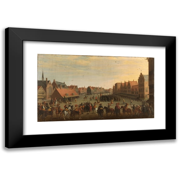 Joost Cornelisz Droochsloot 14x10 Black Modern Framed Museum Art Print Titled - The Disbanding of the ‘Waardgelders’ (Mercenaries in the Pay of the Town Government) by Prince Maurits in Utre