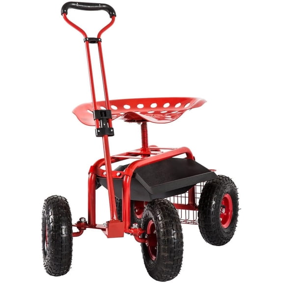 Joozen Adjustable Garden Cart, Red, 360 Degree Swivel Seat, Durable Steel Frame, Waterproof, Adjustable Handle, Tool Tray, Mobility