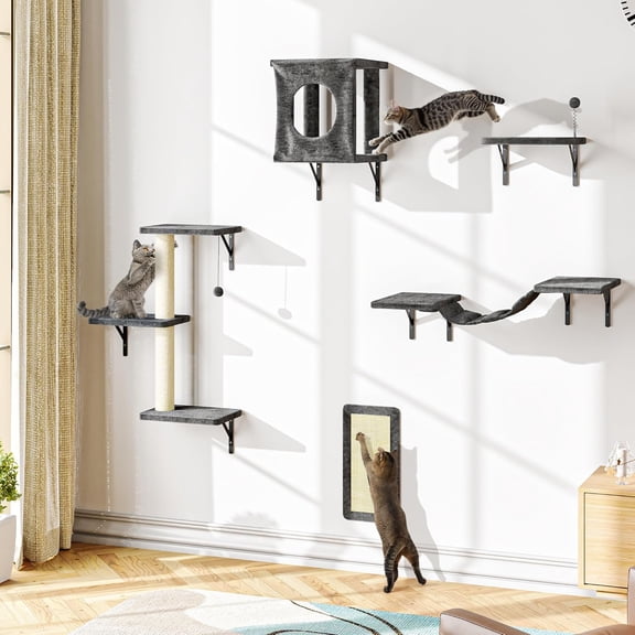 Joozen Cat Wall Shelves Set, 5 Pcs Wall-Mounted Cat Climber with Cat House, Bridge, Scratching Post, Hammock, Wall Shelves, Gray