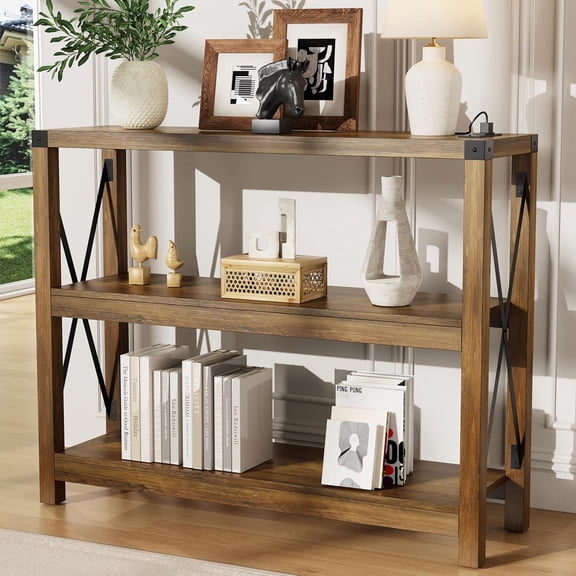Joozen Entryway Table with Outlets and USB Ports, Console Table with 3-Tier Open Storage Shelves, Wooden Sofa Table with Metal X-Shaped Design for Living Room/Couch/Hallway/Foyer (Rustic Oak-s)