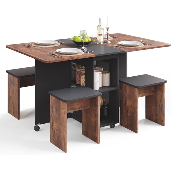 Joozen Folding Dining Table Set for 4, Drop Leaf Table with 4 Chairs for Small Spaces, Dining Room Table Set with Storage Shelf and Wheels, for Kitchen Dining Room (Rustic Brown and Black)