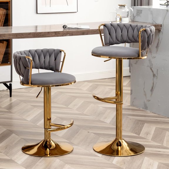 Joozen Gold Bar Stools Set of 2, Counter Height Bar Stools with Low Back, Velvet Adjustable Height Barstools, 360 Swivel Bar Stools for Kitchen Island, Pub (Grey)
