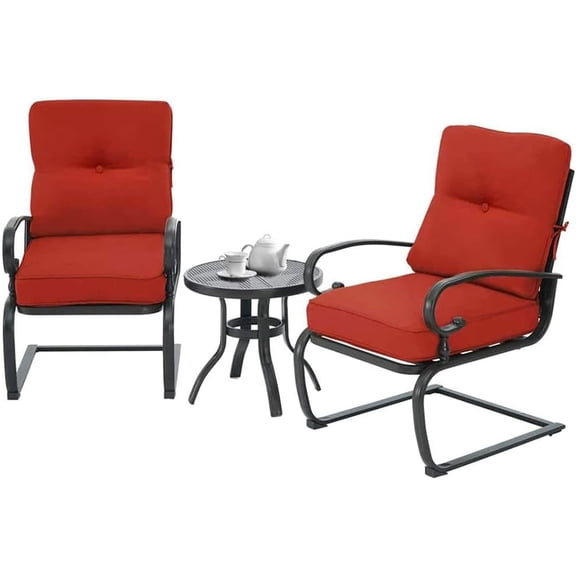 Joozen Outdoor Furniture 3Pcs Patio Bistro Set, Springs Motion Chairs and Bistro Round Table Set, Metal Small Patio Conversation Set with Cushions (Red)