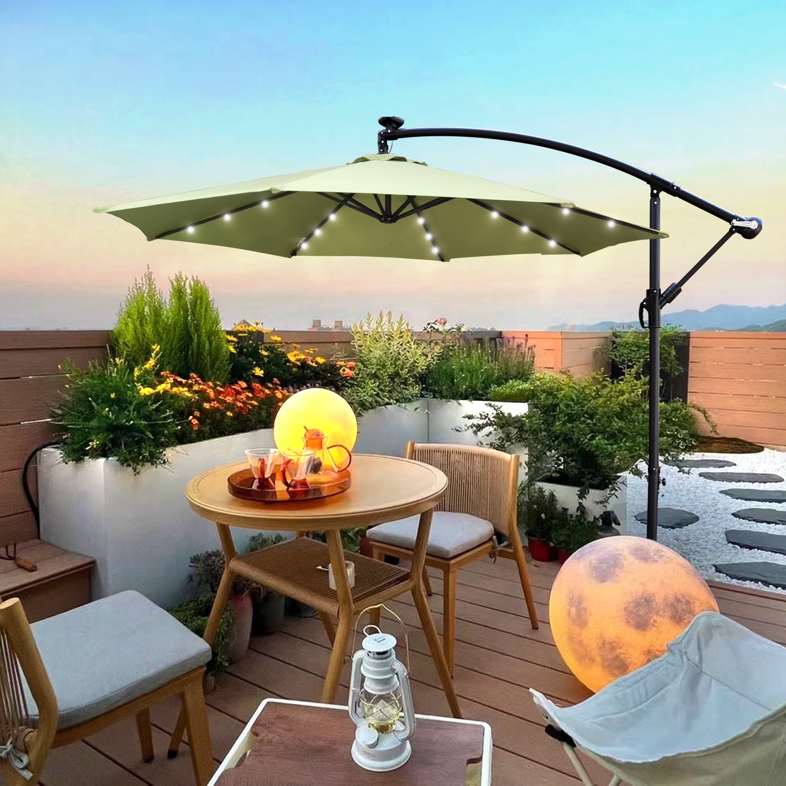 Jopath 10ft Patio Umbrella Solar Powered LED Lighted with Crank and Cross Base,Waterproof Market Umbrella for Garden Deck Backyard Pool Shade,Lime green