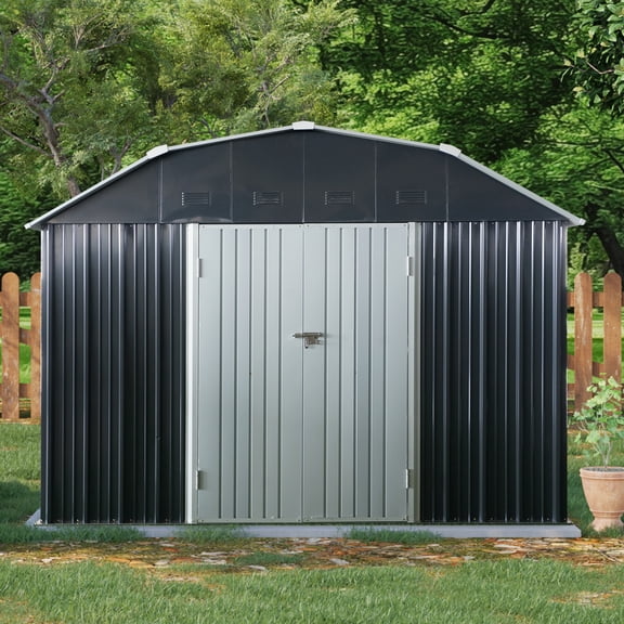 Jopath 10ft x 12ft Outdoor Metal Storage Shed with Arch Roof and Lockable Doors for Backyard Garden Patio Lawn Black
