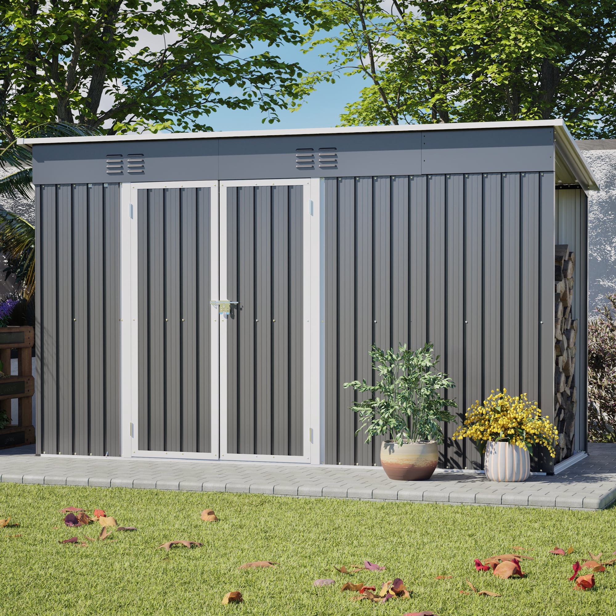 Jopath 10ft x 4ft Outdoor Metal Storage Shed with Floor Frame and Lockable Door for Garden, Lawn Gray