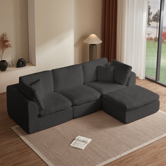 Jopath 110" Cloud Sectional Couches, Convertible L-Shaped Modular Couch with Movable Ottoman, Chenille 3 Seate Boneless Sofa, Gray