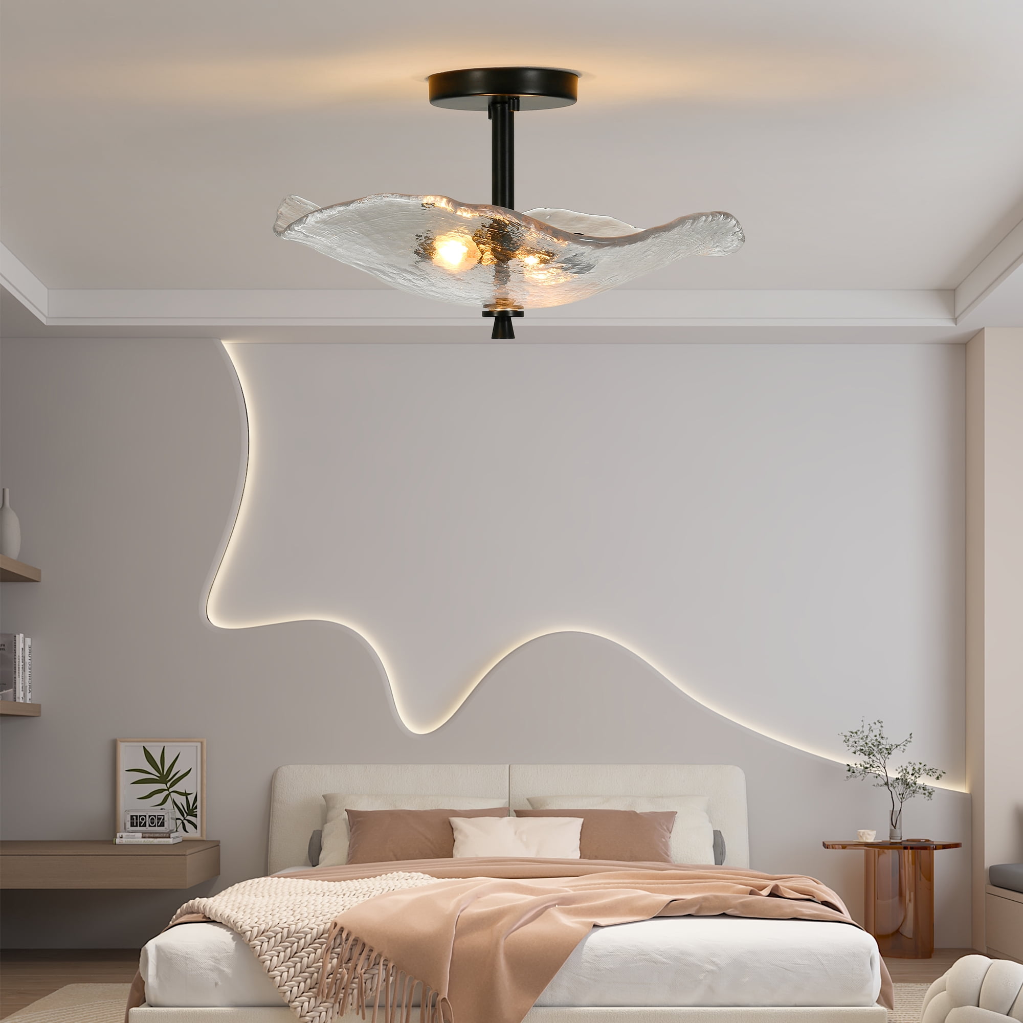 Jopath 16.5" Glass Ceiling Light Fixture Flush Mount , 2-Lights Close to Ceiling Lamp, Modern Black Ceiling Light Fixture for Bedroom Bathroom Hallway Entryway Kitchen Dining Room