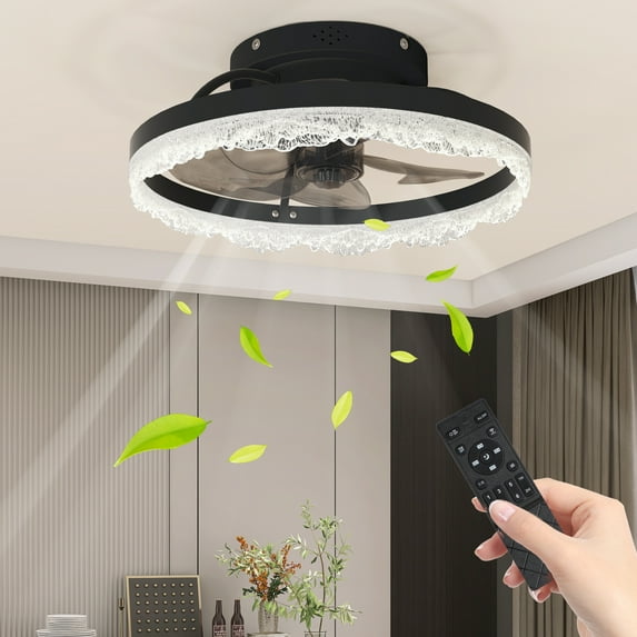 Jopath 16" Ceiling Fan with Light,LED Crystal-Inspired Acrylic Ring Flush Mount Fan Lamp with Invisible Blades, Remote Control and Dimmable Lighting for Bedroom, Living Room,Black