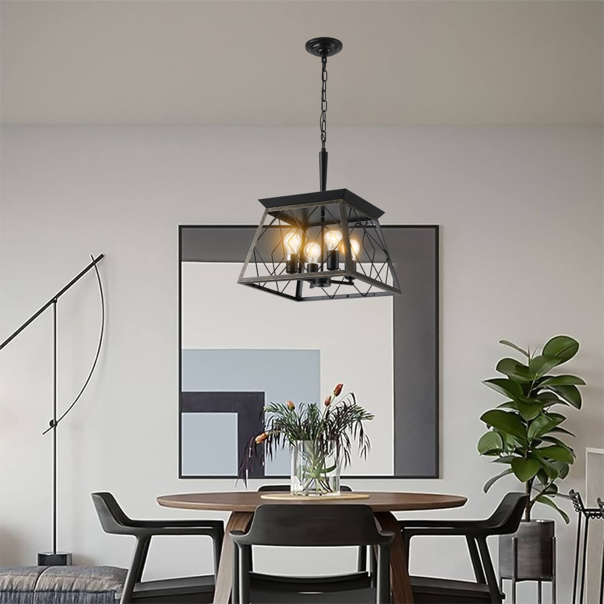 Jopath 16" Industrial 4-Light Pendant Chandelier, Modern Metal Cage Design, Adjustable Hanging Light for Dining Room, Kitchen, Living Room Black+Gold (No Bulbs)