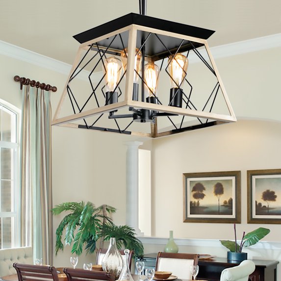 Jopath 16" Oak Industrial 4-Light Pendant Chandelier, Modern Metal Cage Design, Adjustable Hanging Light for Dining Room, Kitchen, Living Room (No Bulbs)