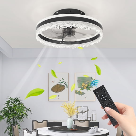 Jopath 16" Quiet Ceiling Fan with Light,LED Crystal Flush Mount Fan Lamp with Invisible Blades, Remote Control and Timer, Dimmable Lighting for Bedroom, Living Room,Black