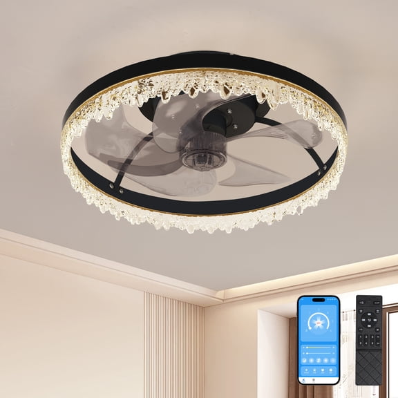 Jopath 16" Smart Silent Ceiling Fan with Light,Flush Mount LED Chandelier with 5 Invisible Blades, Remote Control and Timer, Dimmable Lighting for Bedroom, Living Room,Black