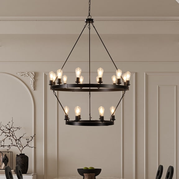 Jopath 2-Tier Circular Ceiling Ironwork Chandelier Retro style Chandeliers Lights Fixture Hanging Pendant Light Fixture for Dining Room Bedroom Living Room Black
