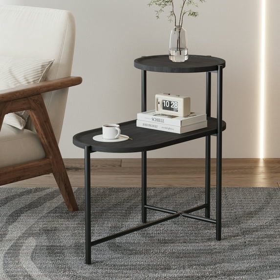 Jopath 2 Tier Oval End Tables Wooden Small Side Table, 27" Round Coffee Table With Storage Tray, Modern End Table For Living Room, Office, Apartment, Black