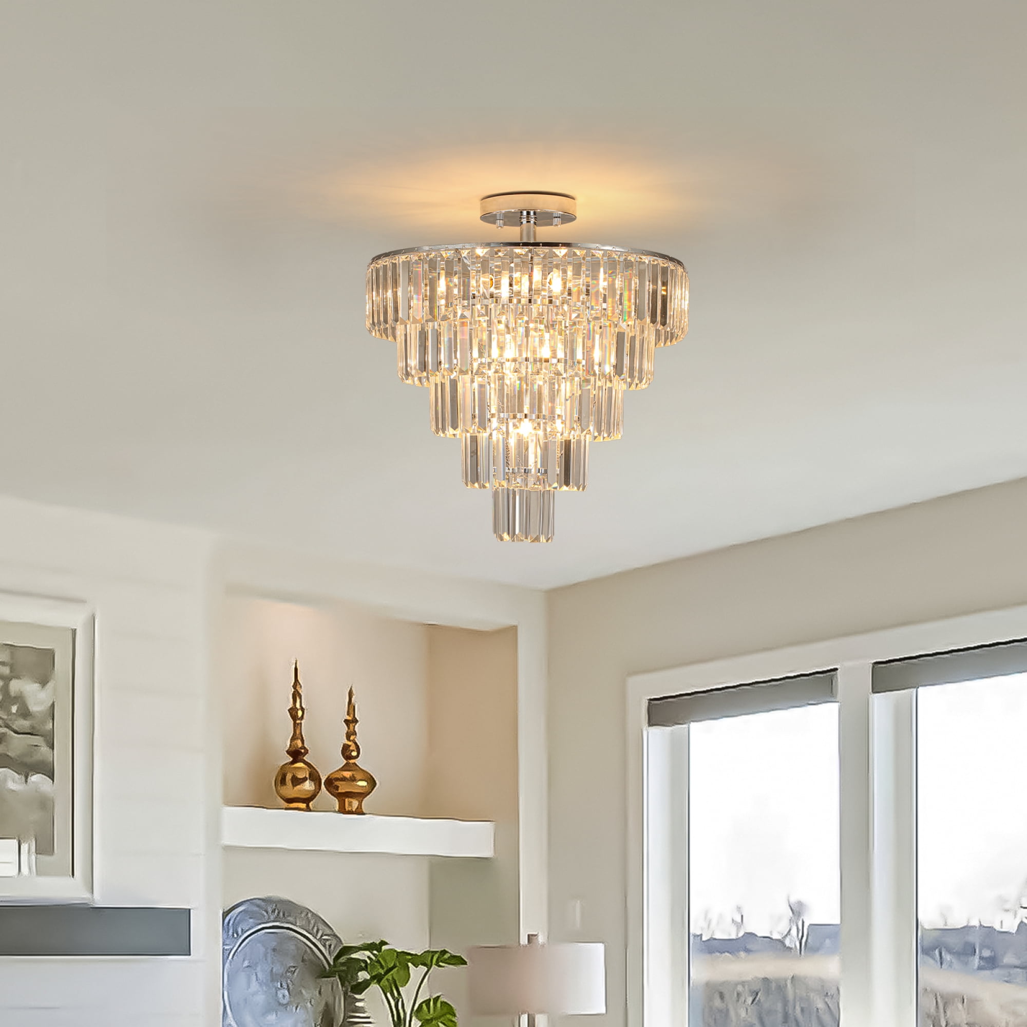 Jopath 20" 5-Tier Round Crystal Chandelier Ceiling Light, Modern Luxury 10-Light Flush Mount Light Fixture, Elegant Home Lighting for Living Room, Dining Room, Bedroom Silver (No Bulbs)