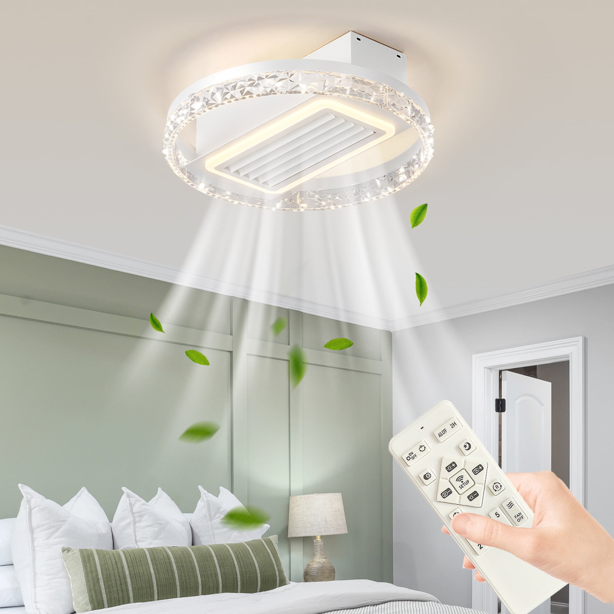 Jopath 20" Bladeless Ceiling Fan Light with Remote Control, Crystal Ceiling Lamp with Air Circulation and Adjustable Brightness for Living Room, Dining Room, or Bedroom, Silent/6-Speed