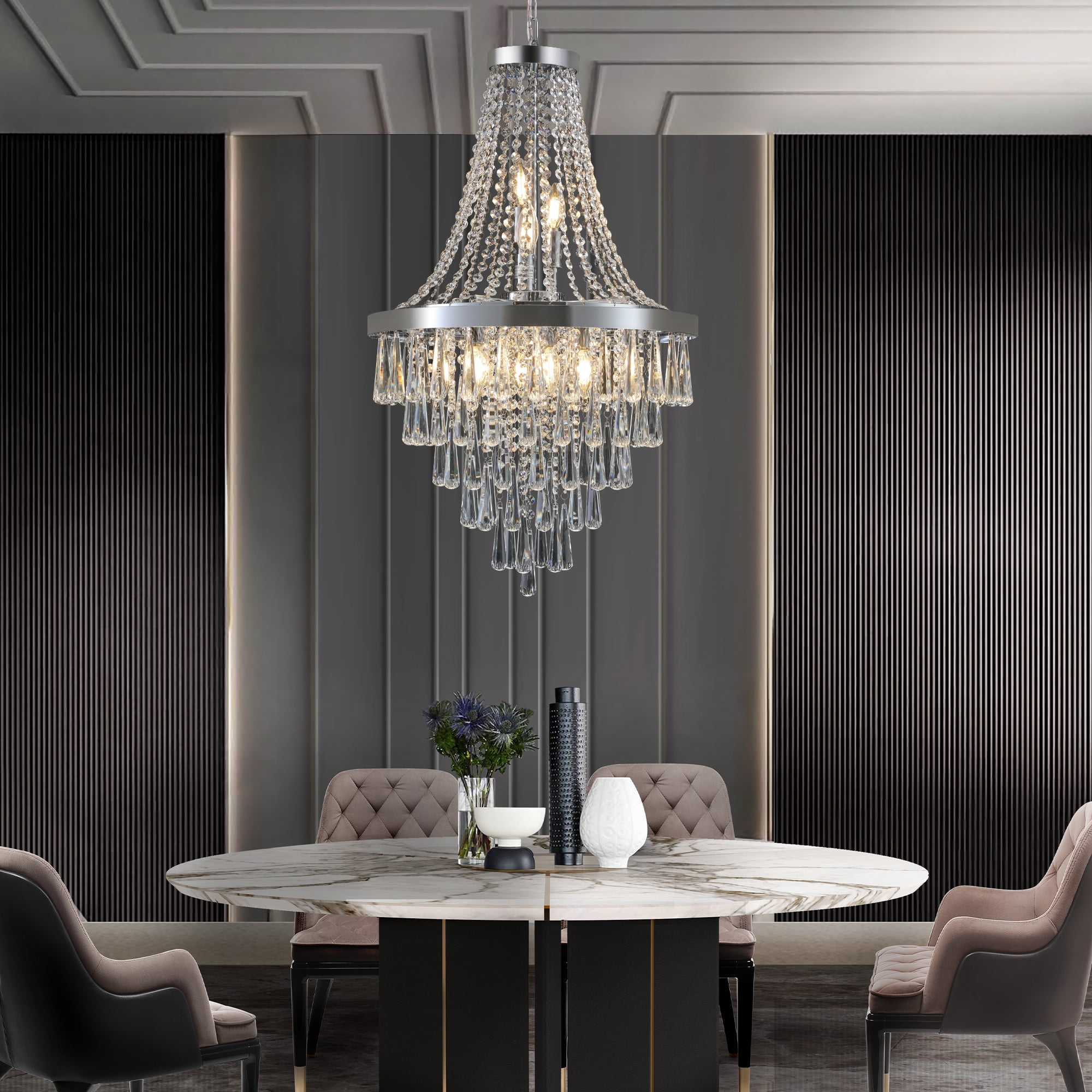 Jopath 20" Crystal Chandelier with Adjustable Height, 11-Light E12 Bulb Chrome Frame Pendant Light for Living Room, Dining Room, Staircase, (No Bulbs)