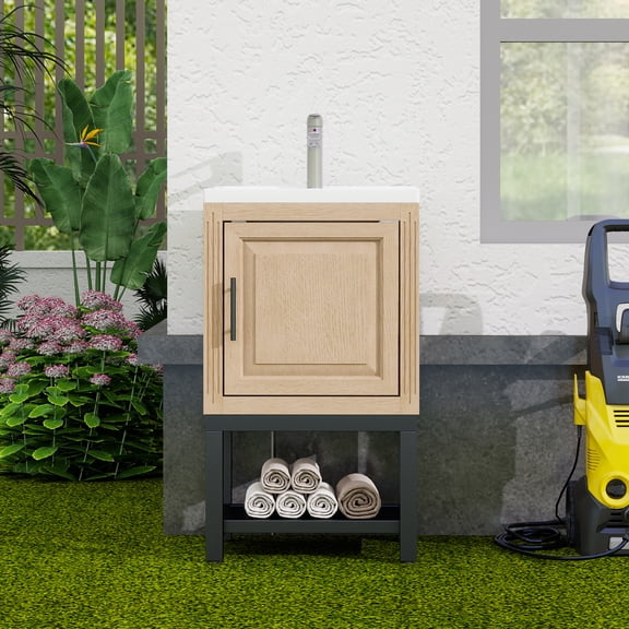 Jopath 20" Small Bathroom Vanity Freestanding Bathroom Cabinet Bathroom Storage Organizer With Sink & Hot And Cold Faucet With White Ceramic Basin With 1 Doors And Open Iron Shelf