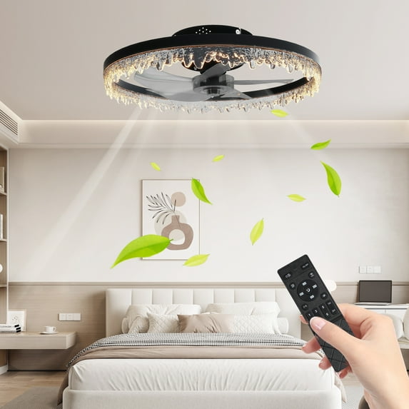 Jopath 20" Smart Silent Ceiling Fan with Light,Flush Mount LED Chandelier with 5 Invisible Blades, Remote Control and Timer, Dimmable Lighting for Bedroom, Living Room,Black