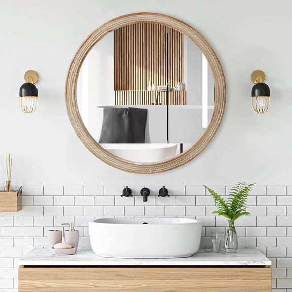 Jopath 23.62" Round Decorative Wall Mirror with Woven Rattan Textured Frame, Rustic Modern Accent Mirror for Bathroom Vanity Living Room Natural