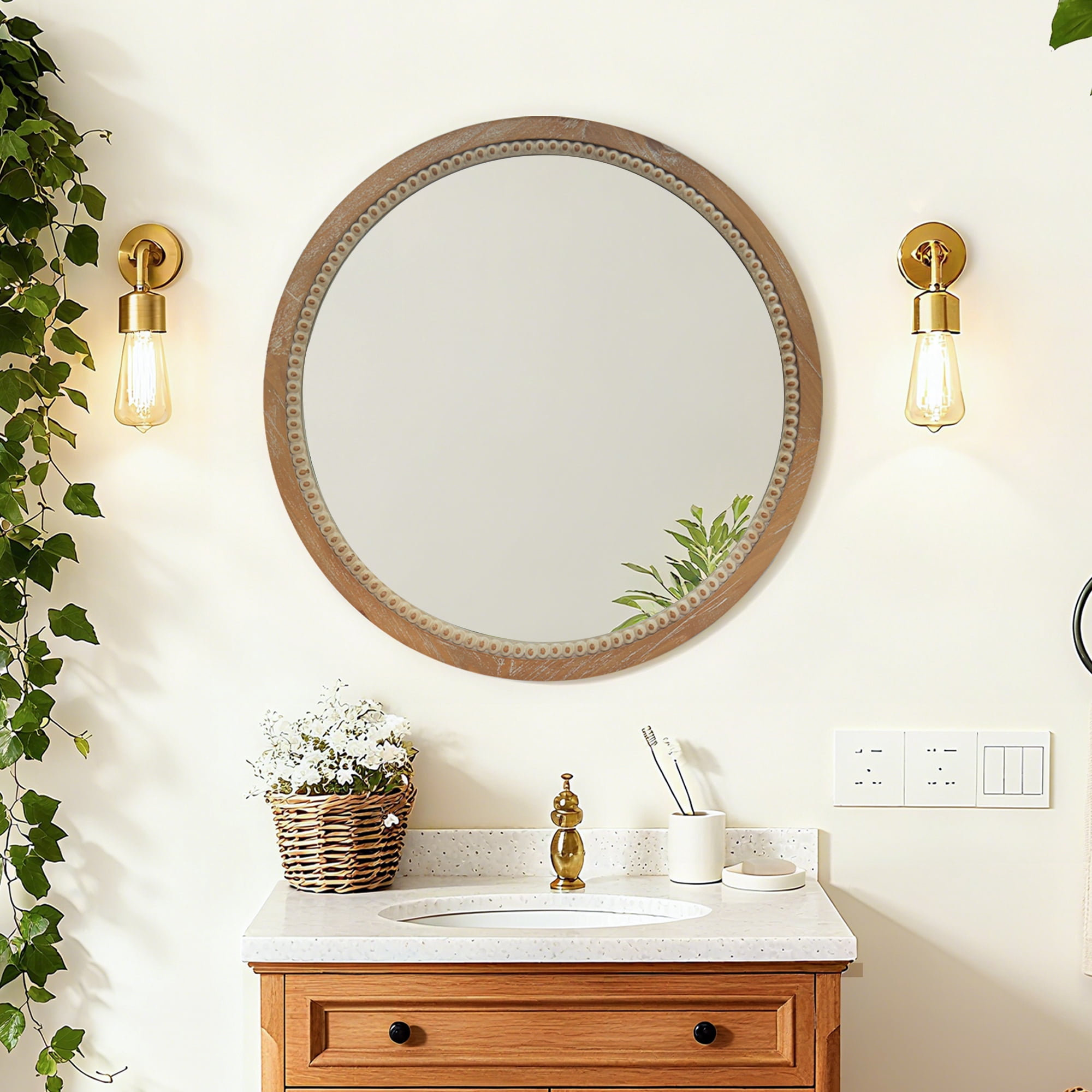 Jopath 23.62" Round Wood Wall Mirror with Beaded Decorative, Farmhouse ...