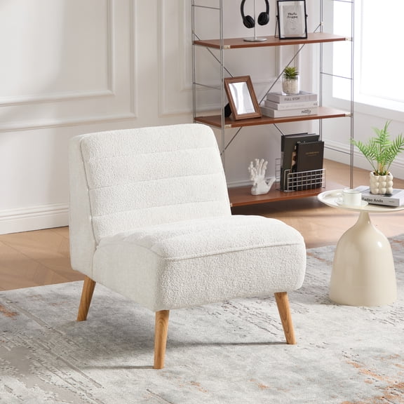 Jopath 24.4" Armless Chair with Rubber Wood Legs, Chenille Accent Chair for Living Room Bedroom Office and Reading Room Ivory