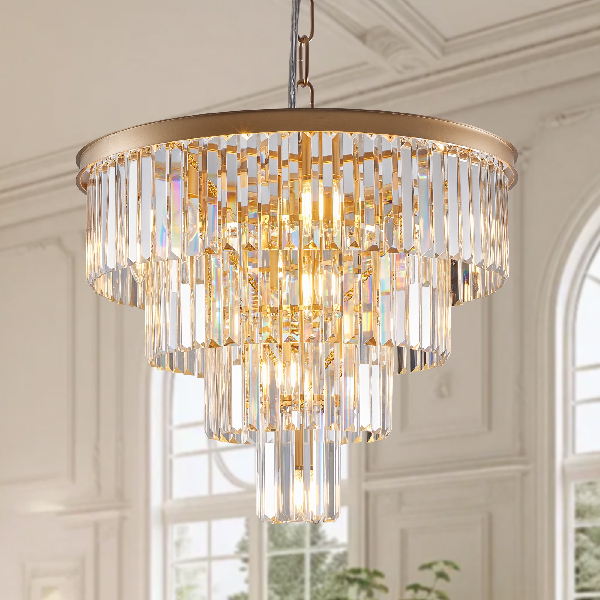 Jopath 24" 4-Tier Crystal Chandelier, 12-Light Golden Frame Pendant Light, Elegant Ceiling Lighting for Living Room, Dining Room, Bedroom (No Bulbs)