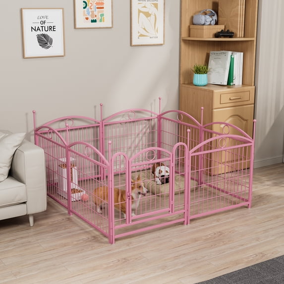 Jopath 24" 8 Panels Metal Dog Pen, Pet Dog Fence Outdoor Foldable Exercise Pen Heavy Duty Dog Fence Puppy Pen with Doors for Large Medium Small Dogs Pink