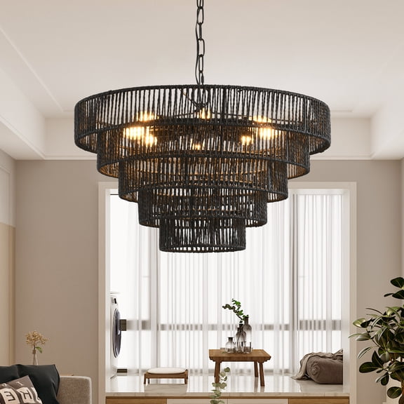 Jopath 24" Rustic 5-Tier Black Hemp Rope Pendant Light Chandelier with 8 E12 Sockets, Boho Farmhouse Ceiling Fixture for Dining Room, Kitchen, or Entryway (Bulb Not Included)