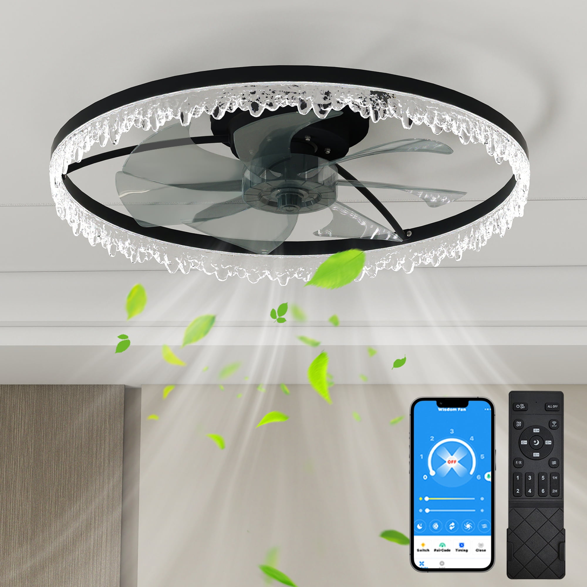 Jopath 24" Smart Silent Ceiling Fan with Light,Flush Mount LED Chandelier with 5 Invisible Blades, Remote Control and Timer, Dimmable Lighting for Bedroom, Living Room,Black