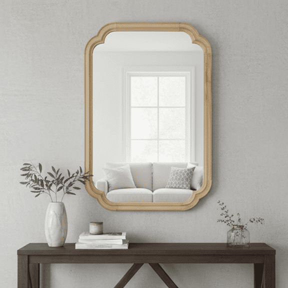 Jopath 24"x 36" Solid Wood Frame Four Rounded Corner Decorative Mirror, for Bedroom, Bathroom, Living Room, Entryway Natural Wood Color